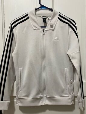 Adidas Womens White Track Jacket Size XS Full Zip Side Button Three Stripe